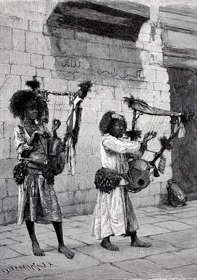 Beggar musicians in Cairo, Egypt, in 1894, Historical, digital reproduction of an original from the 19th century, Africa