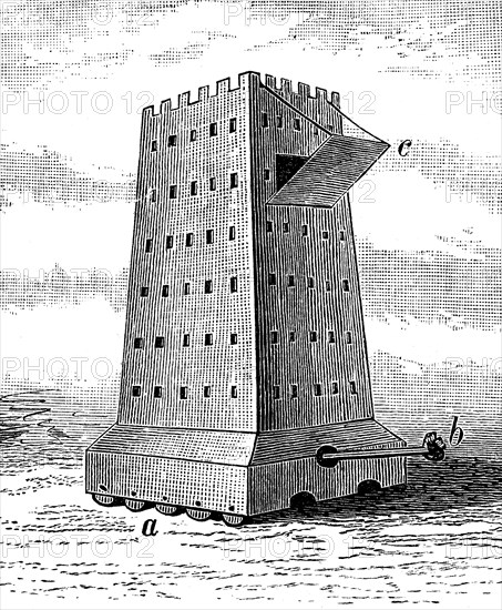 Helepole or wall tower, 350 BC, with battering ram and drawbridge, siege tower, illustration from 1890, historical, digital reproduction of an original 19th century model