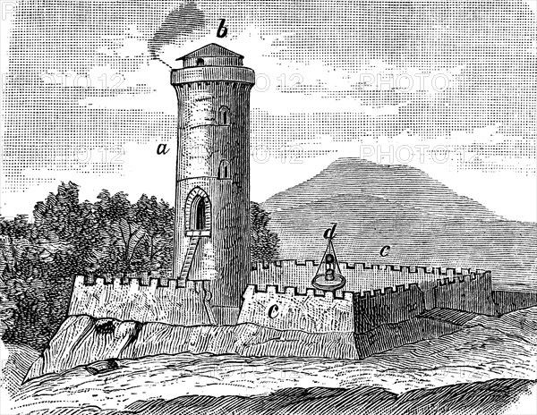 Roman rock fort from the Roman border fortifications in Germany in the 2nd century, with tower, specula with fire signals for signalling and observation, curtain wall and draw well, illustration from 1890, historical, digital reproduction of an original from the 19th century