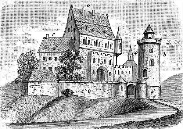 German castle from the 13th century, with palas, keep with dungeon, bower, chapel, gate with drawbridge and enclosing wall, illustration from 1890, historical, digital reproduction of an original from the 19th century