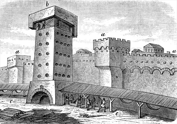 The walls of Massilia, Marseille, France during the siege by the Romans in 49 BC, Illustration from 1890, Historical, digital reproduction of an original from the 19th century