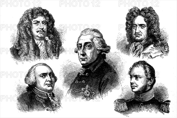 Elector Frederick William (1620-1688), King Frederick William II (1744-1797), King Frederick II (1712-1786), King Frederick I (1657-1713) and King Frederick William IV (1795-1861), Historical, digital reproduction of an original from the 19th century