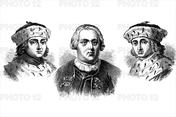 Elector Frederick I (1371-1440), King Frederick William I (1688-1740) and Elector Frederick II (1413-1470), Historical, digital reproduction of an original from the 19th century