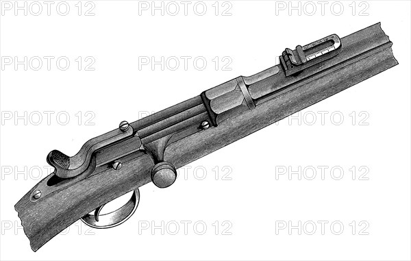 Chassepot rifle, a French infantry rifle M 1866, a rifled breech-loading rifle of the primer-pin rifle type, shown closed and with trigger pulled, illustration from 1880, historical, digital reproduction of an original from the 19th century