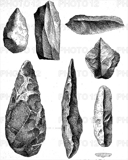 Weapons and tools of the people of the Stone Age, hand axe, illustration from 1880, historical, digital reproduction of an original from the 19th century