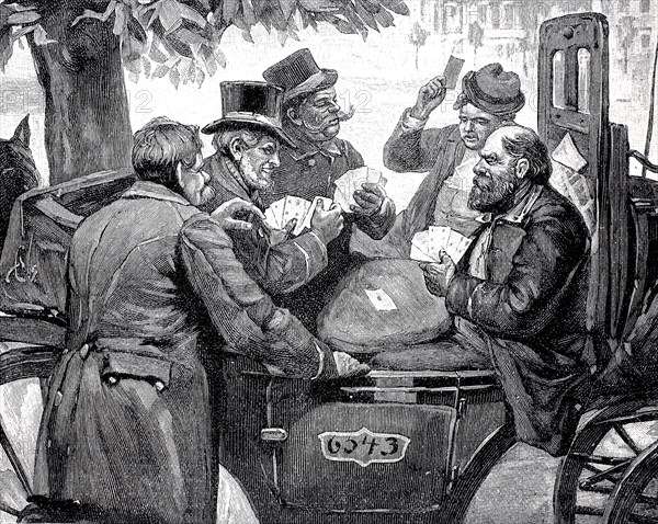 Men playing cards in a carriage, Berlin, 1896, Germany, Historical, digital reproduction of an original from the 19th century, Europe