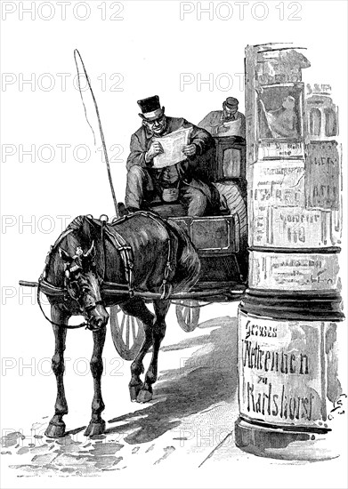 Coachman standing with his carriage next to an advertising pillar and reading a newspaper, Berlin, Germany, in 1890, Historical, digital reproduction of an original from the 19th century, Europe