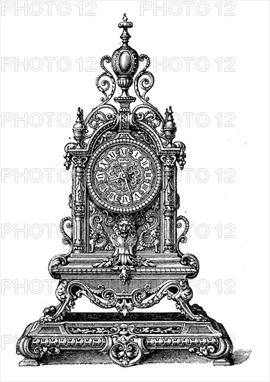 Bronze grandfather clock in the style of Henry II, French work, illustration from 1890, historical, digital reproduction of an original from the 19th century