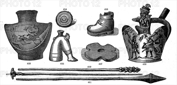 American antiquities, star ring of a battle axe, lance, artefacts, historical, digital reproduction of an original from the 19th century