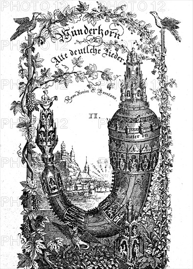 The jubilant Wunderhorn, cover picture of a German song collection from 1808, historical, digital reproduction of an original from the 19th century