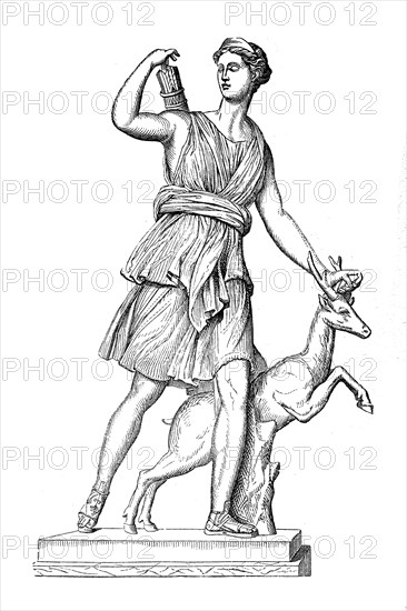 Artemis, in Greek mythology the goddess of the hunt, the forest, birth and the moon as well as the guardian of woman and children, Historical, historical, digital reproduction of an original from the 19th century