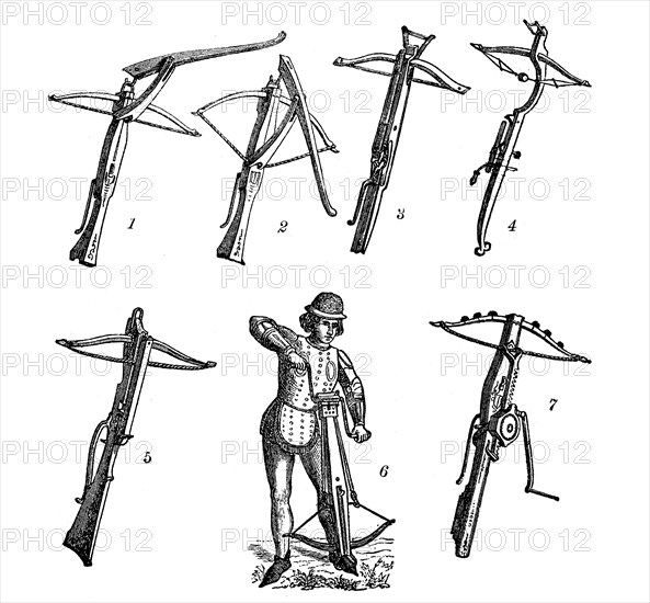 Crossbow, crossbows, seesaw crossbow (1-2), fire crossbow (3), bullet crossbow (4), chute crossbow (5), pulley crossbow (6), winch crossbow (7), historical, digital reproduction of an original from the 19th century