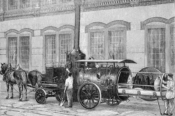 Mobile disinfection unit on a horse-drawn carriage, used after the outbreak of cholera in Hamburg, Germany, ca. 1892, Historical, digital reproduction of an original from the 19th century, Europe