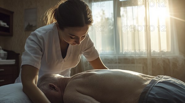 An elderly patient receives a comforting massage from a caregiver in a soothing, warmly lit room, AI generated