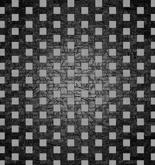 An optical illusion of gray squares on a black textured background creating a grid pattern