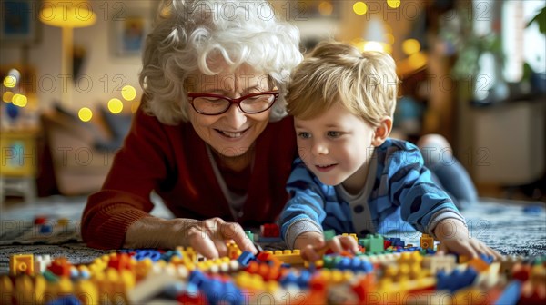 A joyful elderly woman and her grandson playing with colorful building blocks in a warmly lit room, AI generated