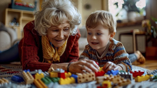 An elderly woman and her young grandson happily building structures with colorful blocks in a cozy room, AI generated