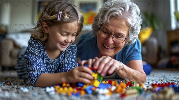 An elderly woman and her young granddaughter happily engaged in playing with colorful blocks indoors, AI generated