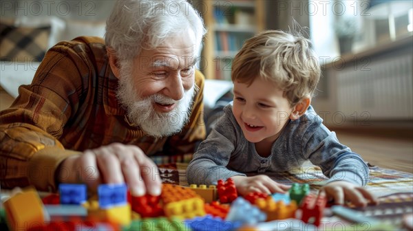 A grandfather and his grandson enjoying their time building structures with colorful blocks inside a cozy home, AI generated