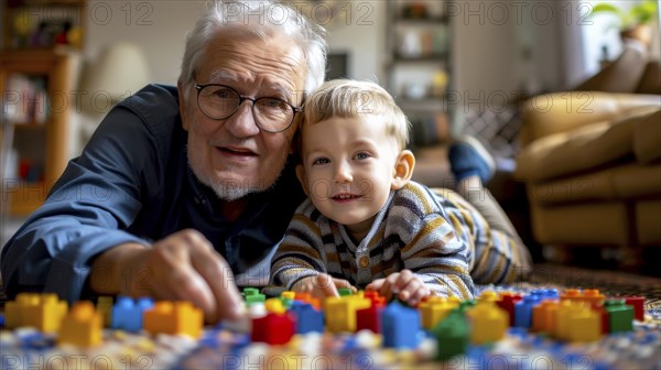 An elderly man and a young boy engaged in a fun activity with colorful blocks on the floor, AI generated