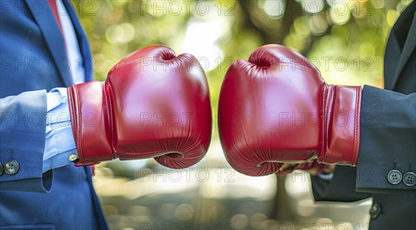 Two men in suits boxing in an office. A concept of corporate toxic environment and corporate greed, AI generated