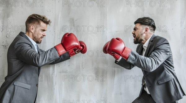 Two men in suits boxing in an office. A concept of corporate toxic environment and corporate greed, AI generated