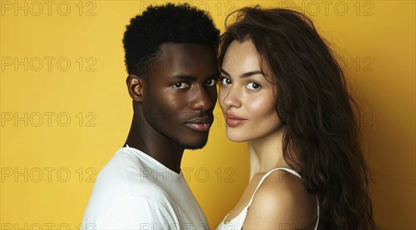 Portrait of a man and a woman hugging each other. Diverse interracial relationship, young couple, AI generated