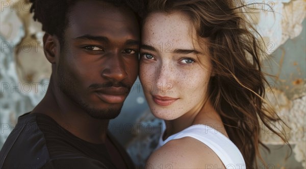 Portrait of a man and a woman hugging each other. Diverse interracial relationship, young couple, AI generated