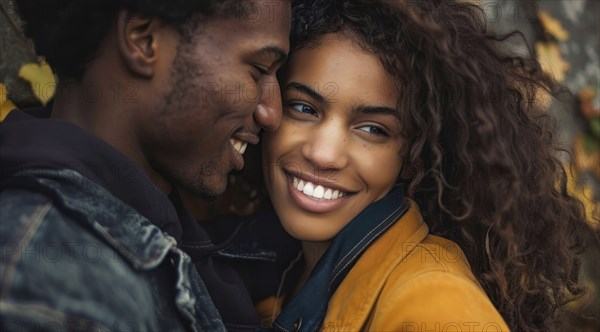 Portrait of a man and a woman hugging each other. Diverse interracial relationship, young couple, AI generated