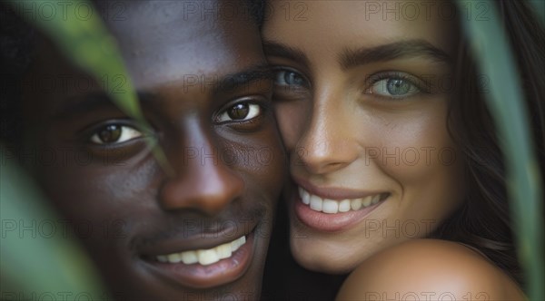 Portrait of a man and a woman hugging each other. Diverse interracial relationship, young couple, AI generated