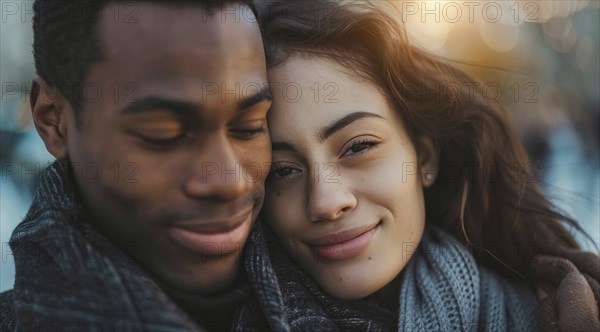 Portrait of a man and a woman hugging each other. Diverse interracial relationship, young couple, AI generated