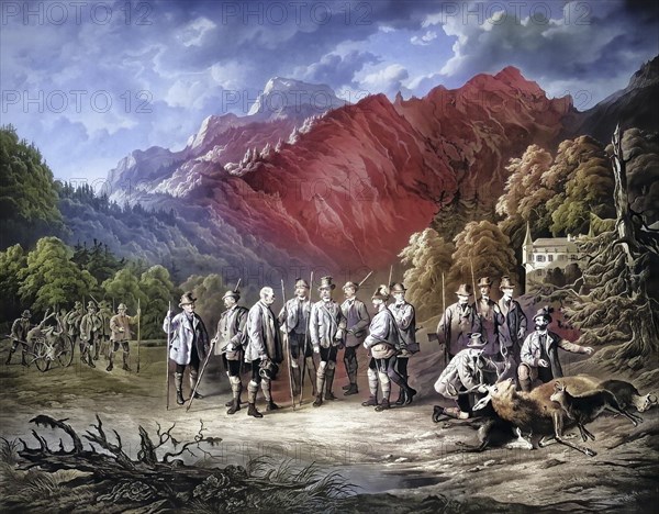 Franz Josef I (1830-1916), Emperor of Austria, King of Hungary. In a hunting party at Lake Ofen, Historical, digitally restored reproduction from a 19th century original, Record date not stated