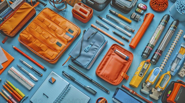 An assortment of orange and blue school supplies, including notebooks, pens, and pencil cases, is neatly arranged, AI generated