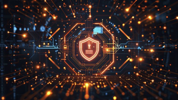 High-tech digital setting with glowing orange circuitry, a central shield symbol, and various cybersecurity elements, AI generated