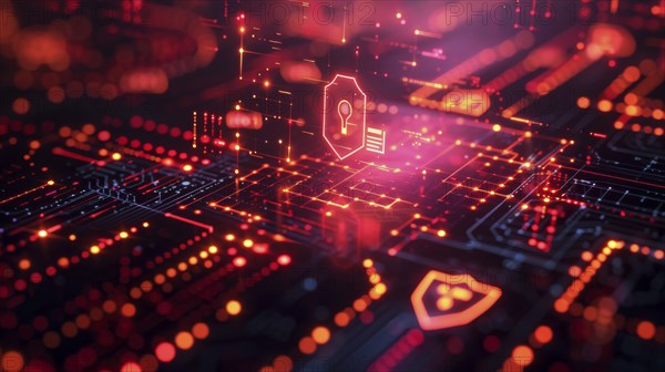 Futuristic digital scene with glowing red circuitry, cybersecurity icons, and a key symbol suggesting data protection, AI generated