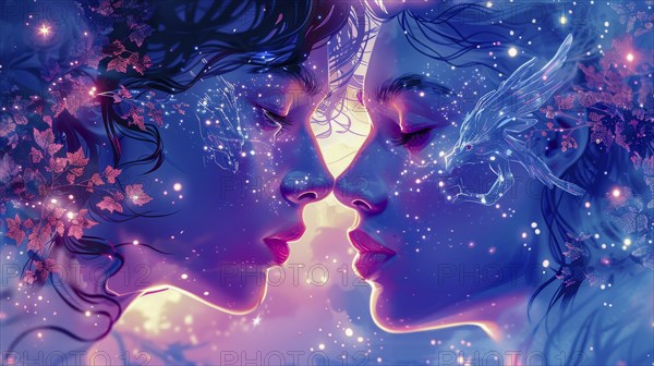 Two figures face each other closely, surrounded by stars and glowing elements, evoking a dreamy, magical atmosphere, AI generated