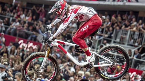 A biker in action during a competition, showcasing an impressive jump in front of a large crowd, highlighting sportsmanship, AI generated