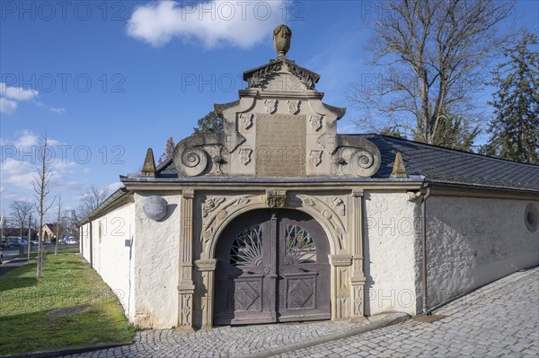 Entrance portal of the heritage-protected cemetery, exists since 1618, Mainbernheim, Lower Franconia, Bavaria, Germany, Europe