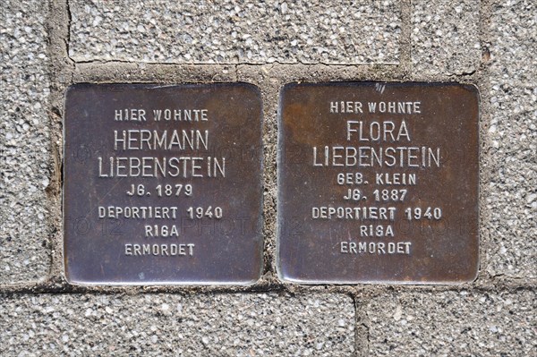 Memorial plaques of Jews deported in 1940 embedded in the pavement, Stolpersteine, Mainbernheim, Lower Franconia, Bavaria, Germany, Europe