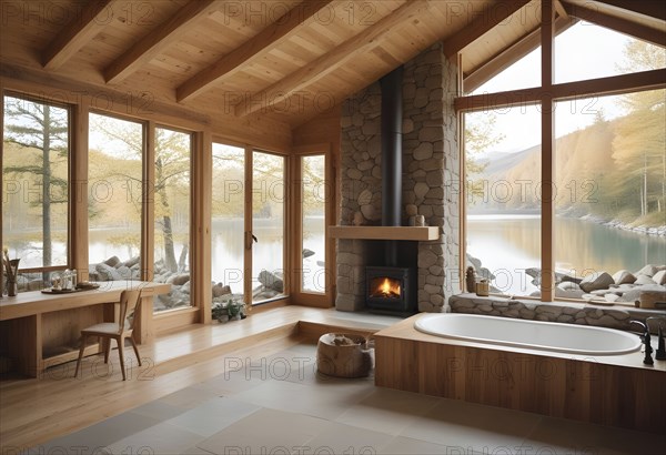 Cozy cabin living room with a fireplace and large windows providing a serene lake view, featuring a wooden interior and autumn scenery, AI generated