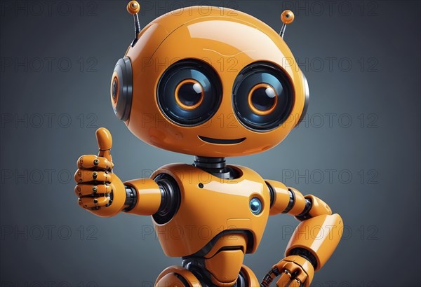 A cheerful orange humanoid robot giving a thumbs up, conveying a friendly and advanced technological vibe, AI generated