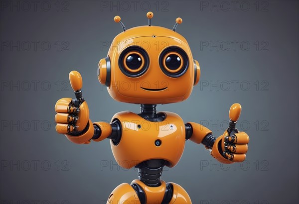 A joyful, friendly orange robot giving a thumbs up, evoking a futuristic and happy atmosphere, AI generated