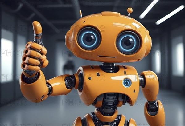 A cheerful orange humanoid robot giving a thumbs up, creating an advanced and friendly atmosphere, AI generated