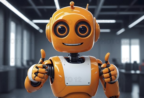 A friendly orange robot giving thumbs up, evoking a playful and futuristic atmosphere, AI generated