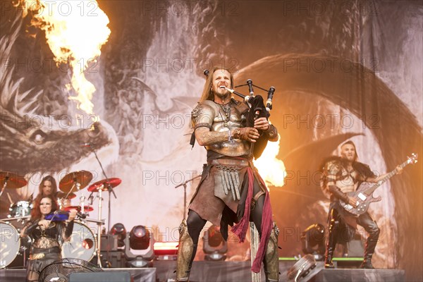 Captain Feuerschwanz, singer of the band Feuerschwanz, with bagpipes at the Wacken Open Air in Wacken. The traditional metal festival takes place from 31 July to 3 August 2024