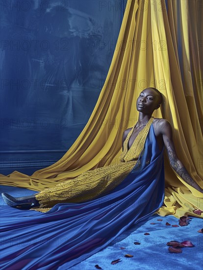 Serene woman in a yellow dress surrounded by blue fabric and dramatic curtains, highlighted by rose petals, AI generated