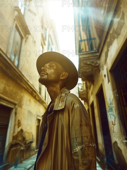 Man with a hat and jacket looking upwards thoughtfully in a sunlit, narrow urban alleyway, AI generated