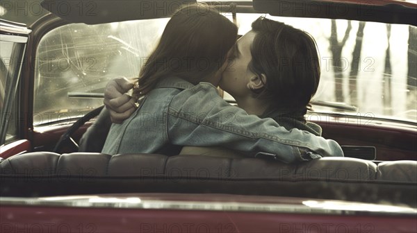 Couple kissing passionately inside a vintage car at sunset, evoking romance, AI generated