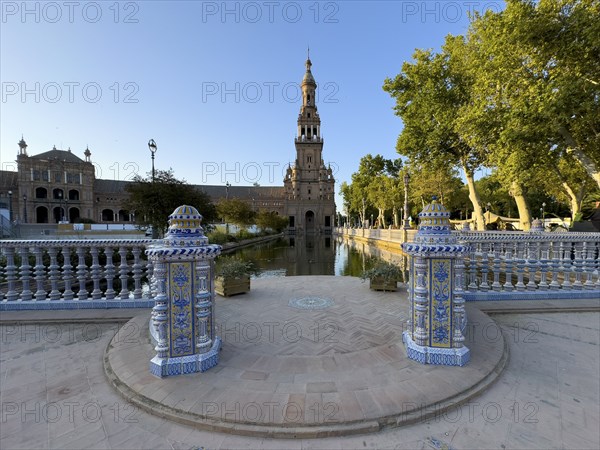 Coloured azulejos, bridge railings, Plaza de Espana, Seville, Andalusia, Spain, Europe