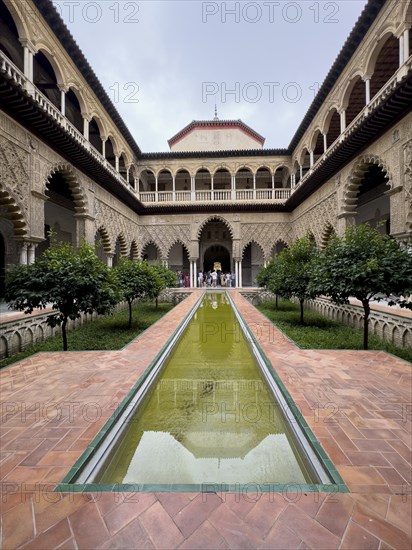 Patio de las Doncellas, Courtyard of the Virgins, with stucco arabesques in the Mudejares style, Alcazar, Royal Palace of Seville, Seville, Spain, Europe